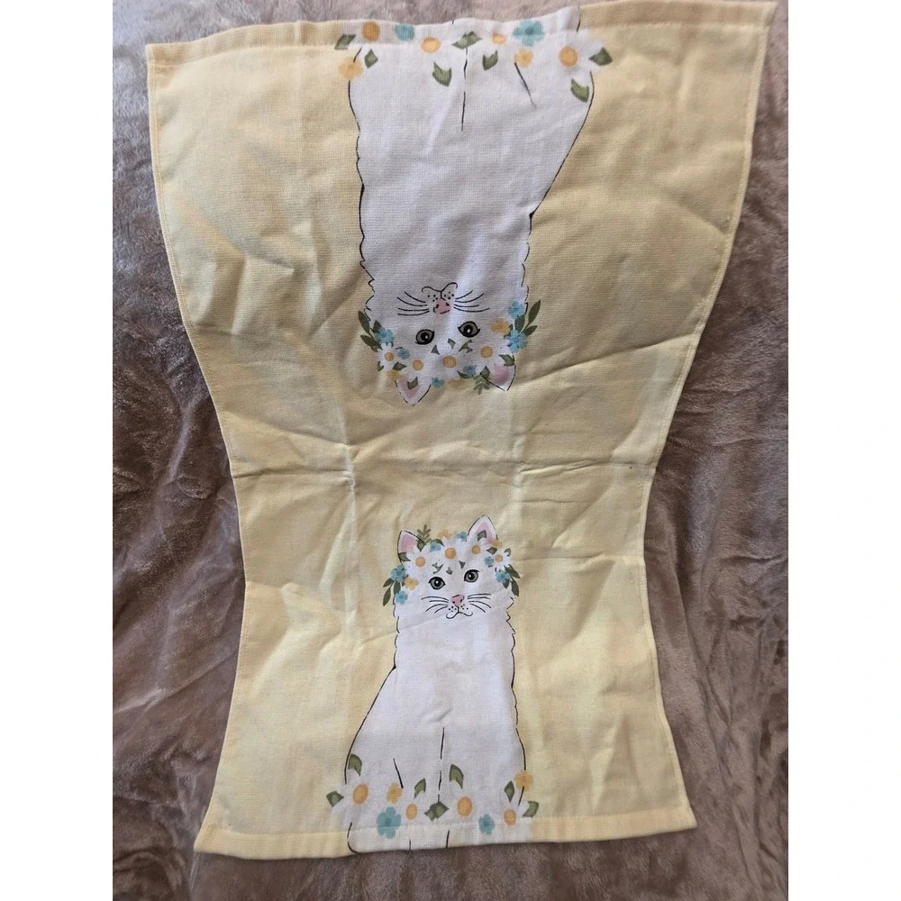 Floral Cat Hand Towel Yellow White Cotton Terry Cloth Cottagecore RN 48711